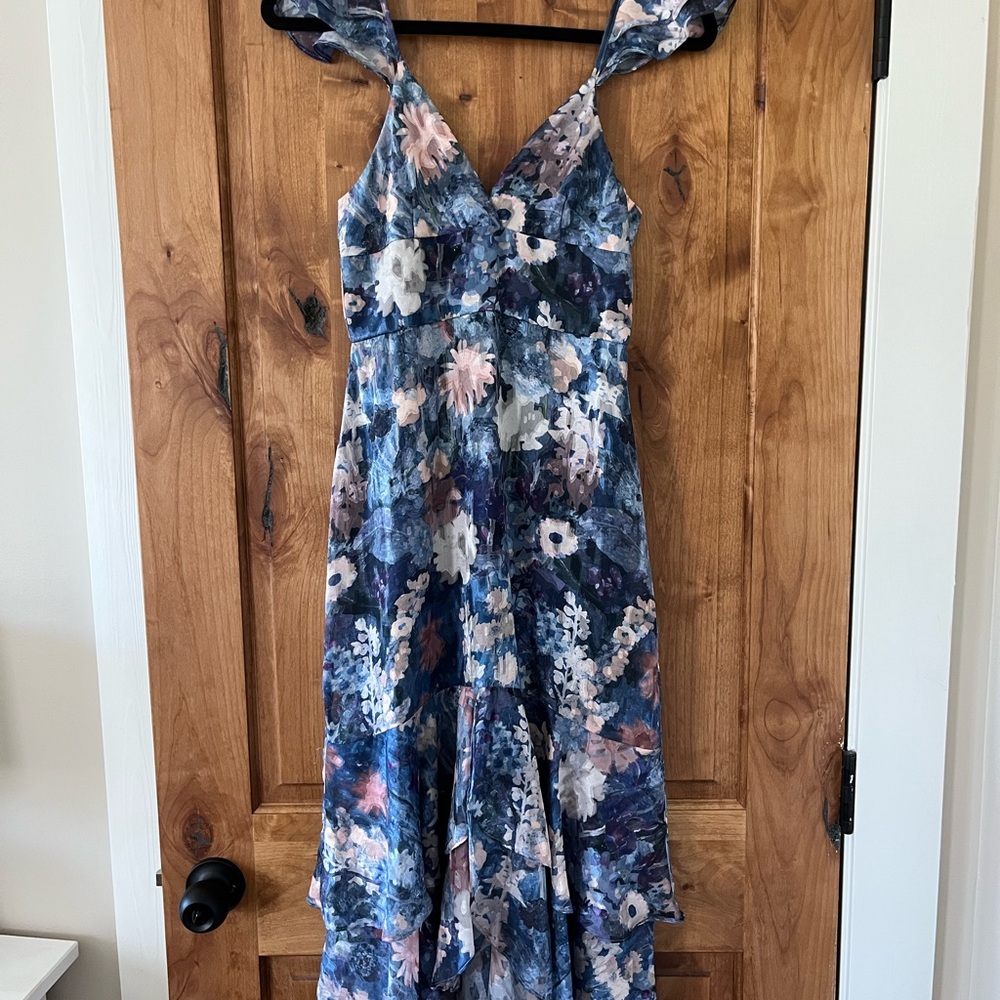 Anthropologie Hutch Floral Blue and Pink Midi high low dress